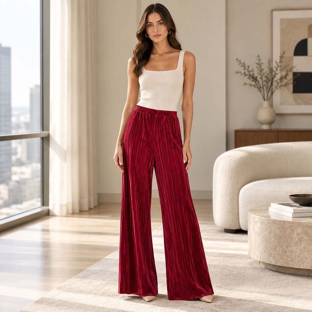 SEE AND BE SEEN Velvet Wide Leg Pants Size M Red P7161